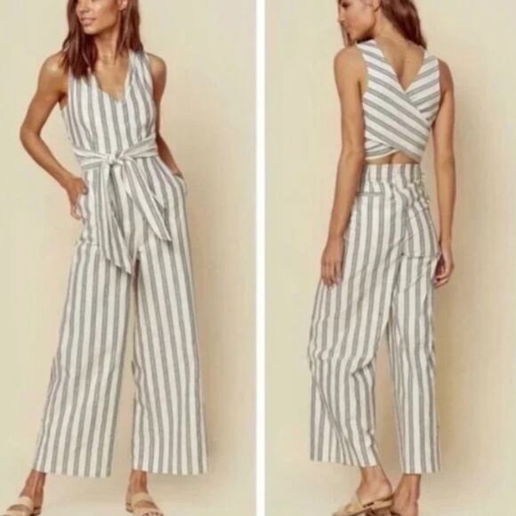 Rebecca Minkoff Striped Marley Jumpsuit 6 Gray Wrap Wide Leg Woven Cotton Casual